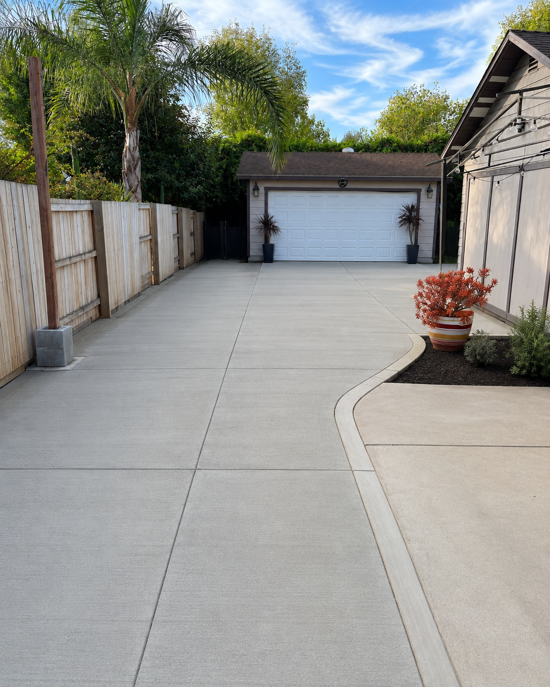 New broom-finished concrete driveway with clean banding