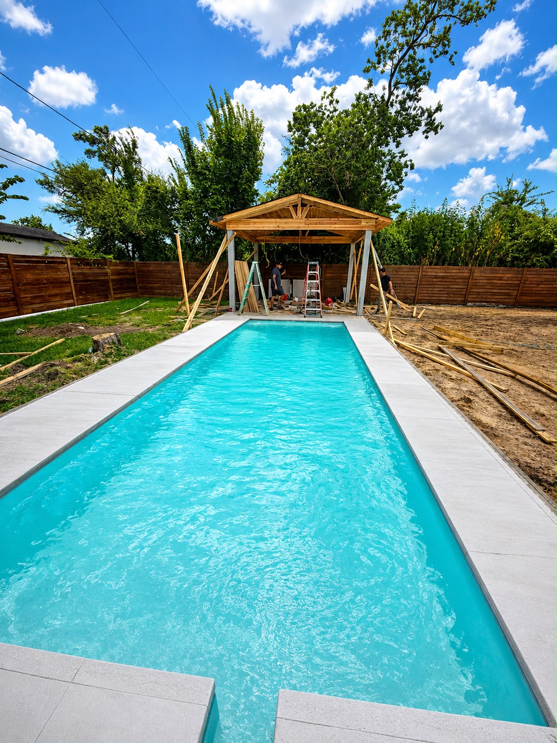 Slim lap pool with new cedar pavilion under construction